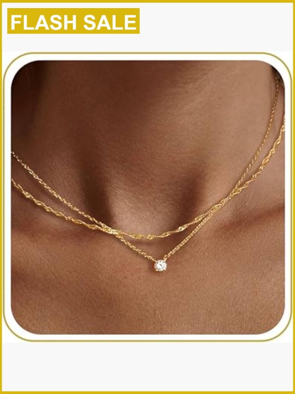 Dainty 14k Gold Plated CZ Pendant Necklace Layered Chain Jewelry